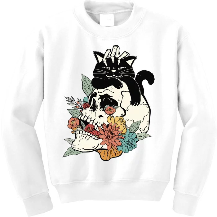 Black Cat Halloween Skull Kids Sweatshirt