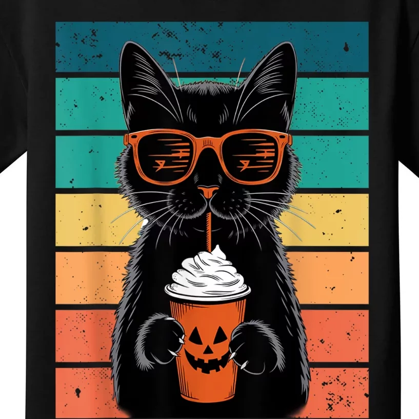 Black Cat Hipster Trick Or Treat Funny Halloween Black Cat Kids T-Shirt