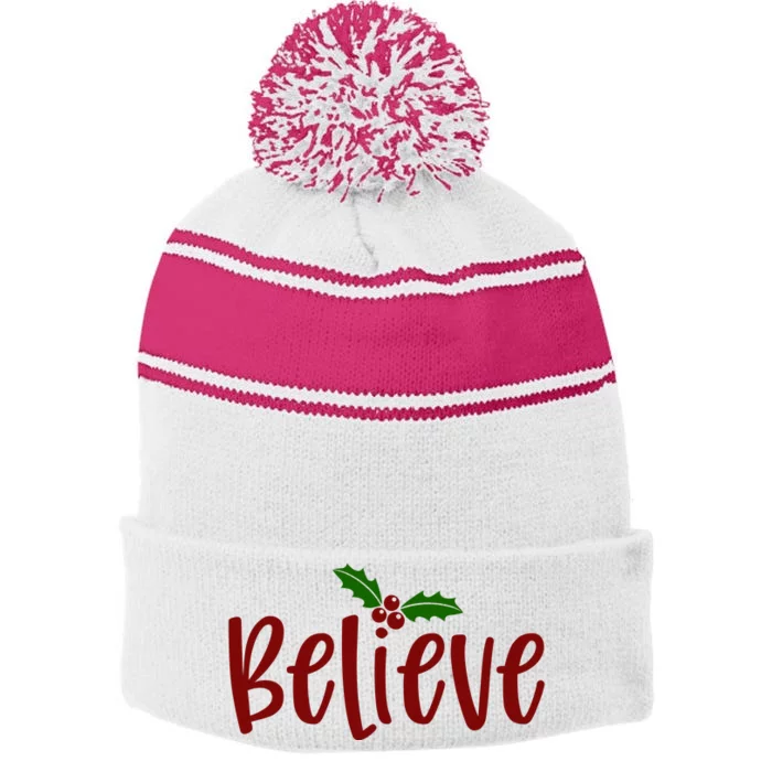 Believe Christmas Holiday Stripe Pom Pom Beanie