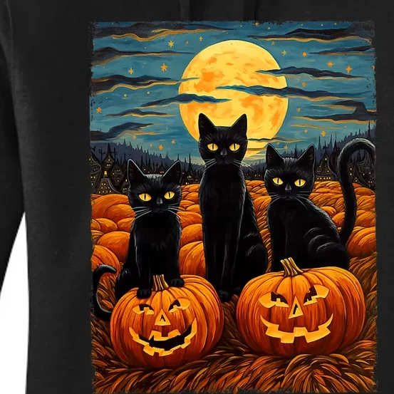 Black Cat Halloween Cat Lovers Starry Night Cat Van Gogh Cat Women's Pullover Hoodie