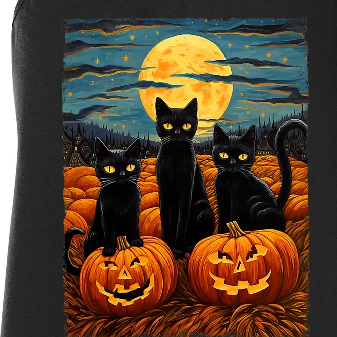 Black Cat Halloween Cat Lovers Starry Night Cat Van Gogh Cat Women's Racerback Tank