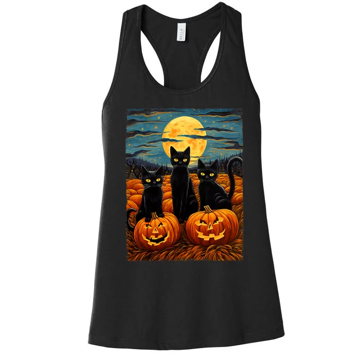 Black Cat Halloween Cat Lovers Starry Night Cat Van Gogh Cat Women's Racerback Tank