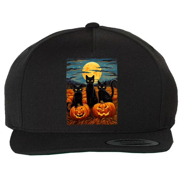 Black Cat Halloween Cat Lovers Starry Night Cat Van Gogh Cat Wool Snapback Cap