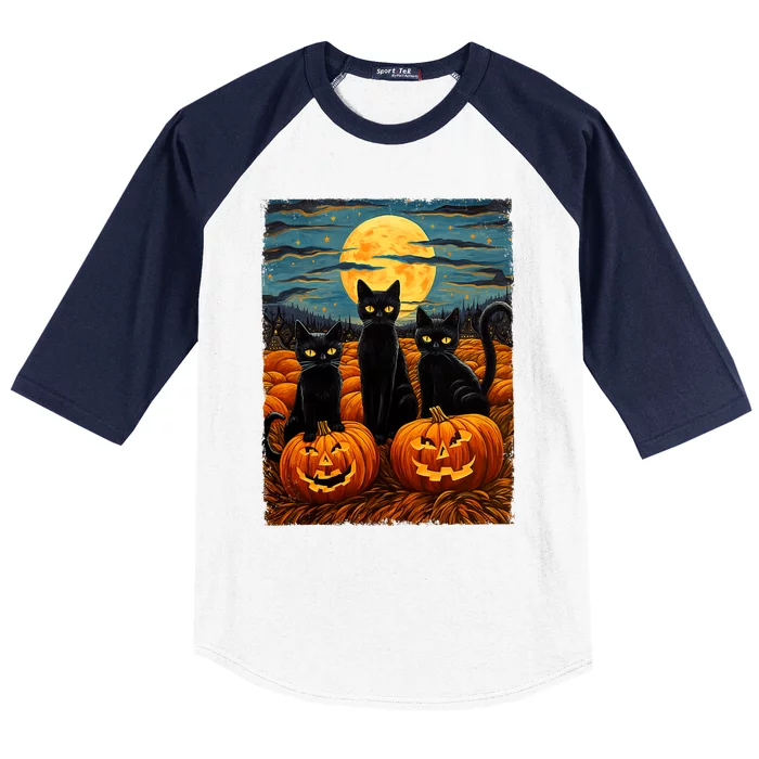 Black Cat Halloween Cat Lovers Starry Night Cat Van Gogh Cat Baseball Sleeve Shirt