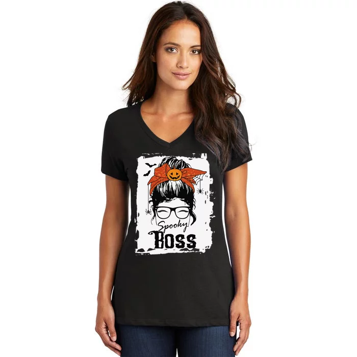 Boss Ceo Halloween Spooky Spider Messy Bun Hair Women Women's V-Neck T-Shirt