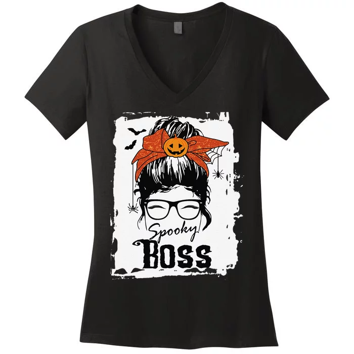 Boss Ceo Halloween Spooky Spider Messy Bun Hair Women Women's V-Neck T-Shirt