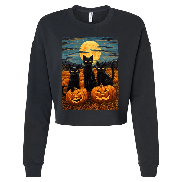 Black Cat Halloween Cat Lovers Starry Night Cat Van Gogh Cat Cropped Pullover Crew