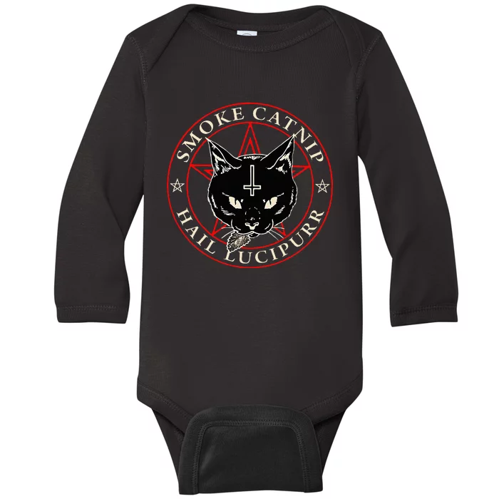 Black Cat H.A.I.L S.A.T.A.N Smoke Catnip Hail Lucipurr Weed Baby Long Sleeve Bodysuit