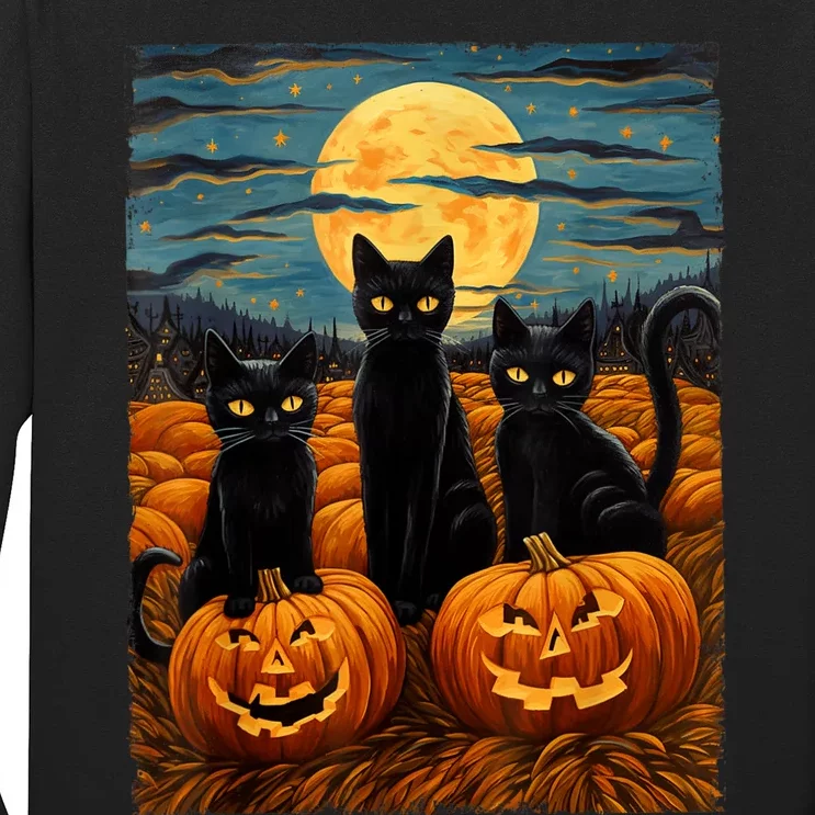 Black Cat Halloween Cat Lovers Starry Night Cat Van Gogh Cat Long Sleeve Shirt