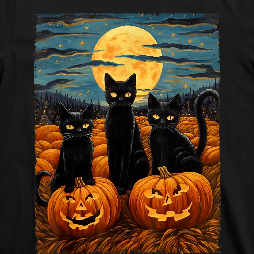 Black Cat Halloween Cat Lovers Starry Night Cat Van Gogh Cat T-Shirt