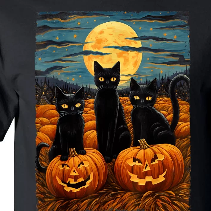 Black Cat Halloween Cat Lovers Starry Night Cat Van Gogh Cat Tall T-Shirt