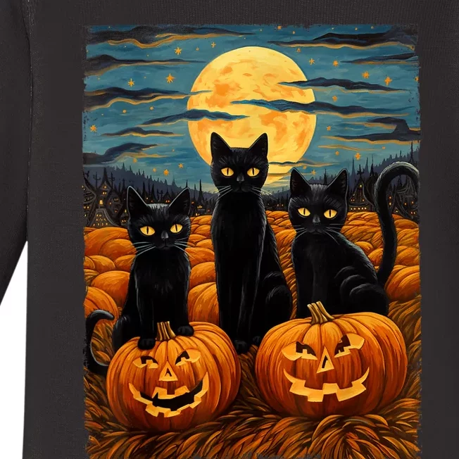 Black Cat Halloween Cat Lovers Starry Night Cat Van Gogh Cat Baby Long Sleeve Bodysuit