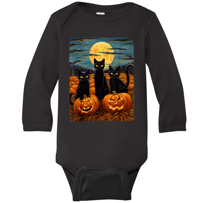 Black Cat Halloween Cat Lovers Starry Night Cat Van Gogh Cat Baby Long Sleeve Bodysuit