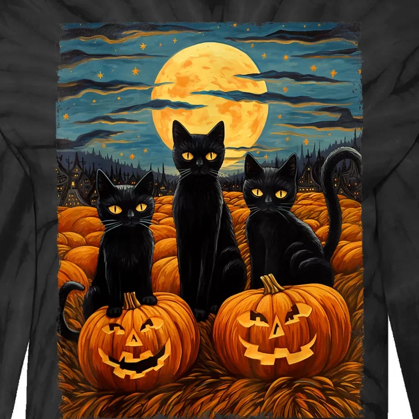 Black Cat Halloween Cat Lovers Starry Night Cat Van Gogh Cat Tie-Dye Long Sleeve Shirt