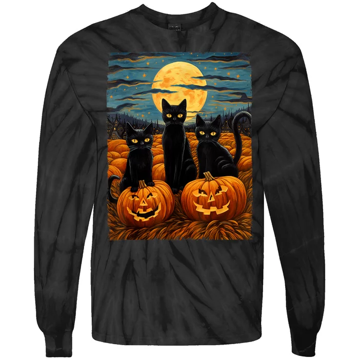 Black Cat Halloween Cat Lovers Starry Night Cat Van Gogh Cat Tie-Dye Long Sleeve Shirt