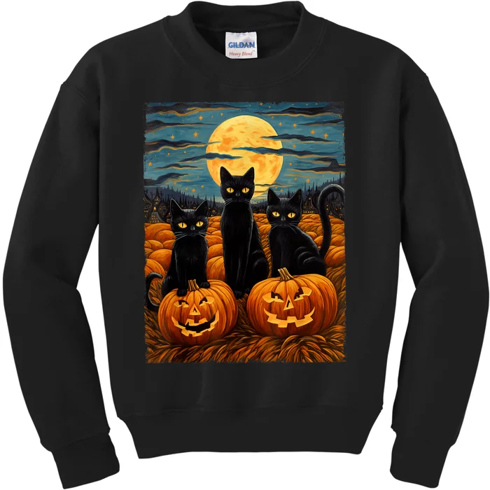 Black Cat Halloween Cat Lovers Starry Night Cat Van Gogh Cat Kids Sweatshirt