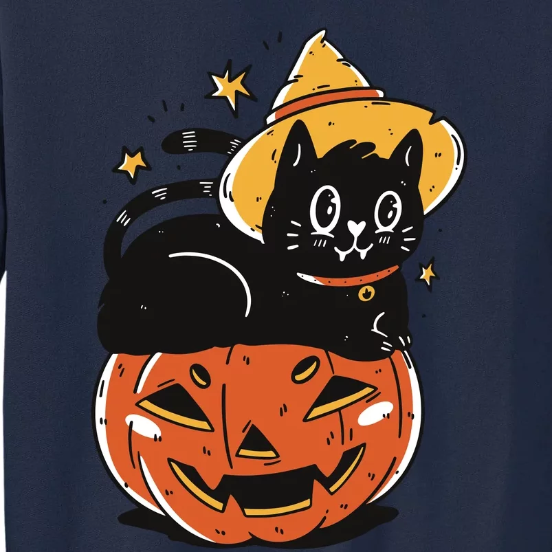 Black Cat Halloween Witch Hat Pumpkin Costume Tall Sweatshirt