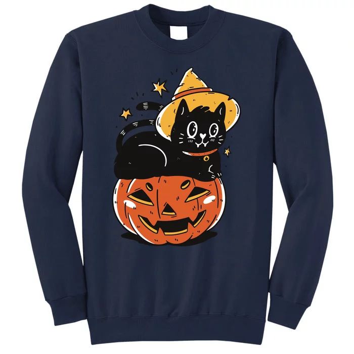 Black Cat Halloween Witch Hat Pumpkin Costume Tall Sweatshirt