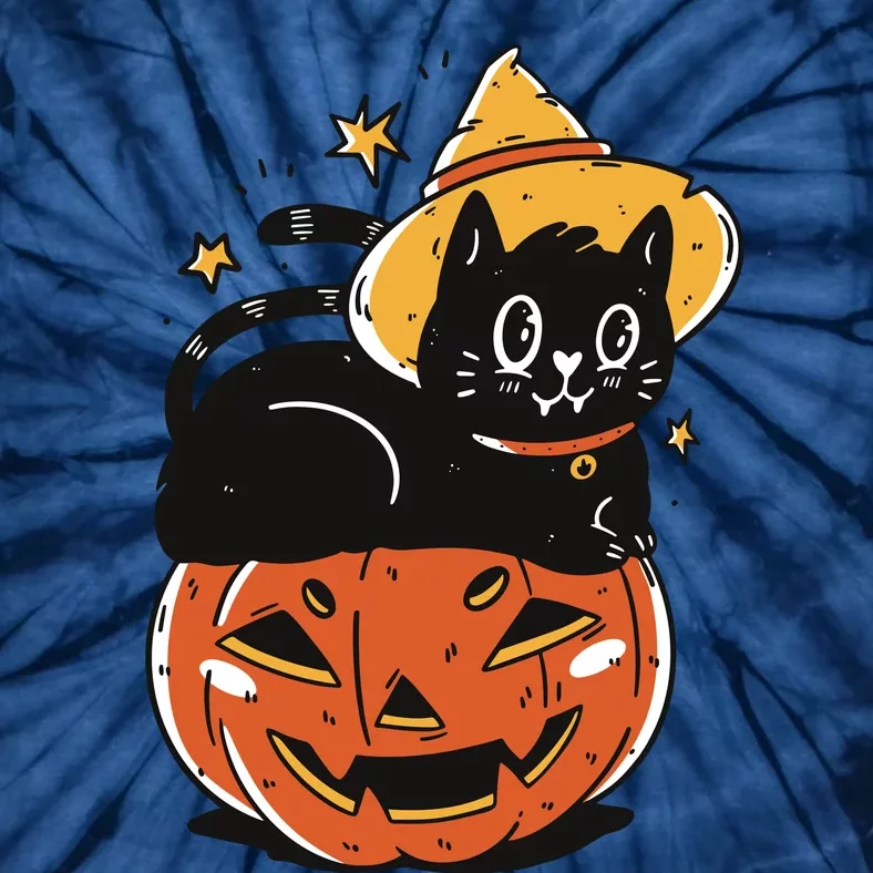 Black Cat Halloween Witch Hat Pumpkin Costume Tie-Dye T-Shirt