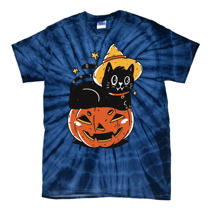 Black Cat Halloween Witch Hat Pumpkin Costume Tie-Dye T-Shirt