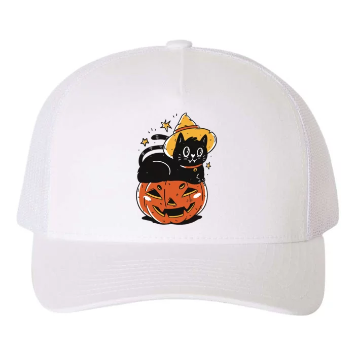 Black Cat Halloween Witch Hat Pumpkin Costume Yupoong Adult 5-Panel Trucker Hat