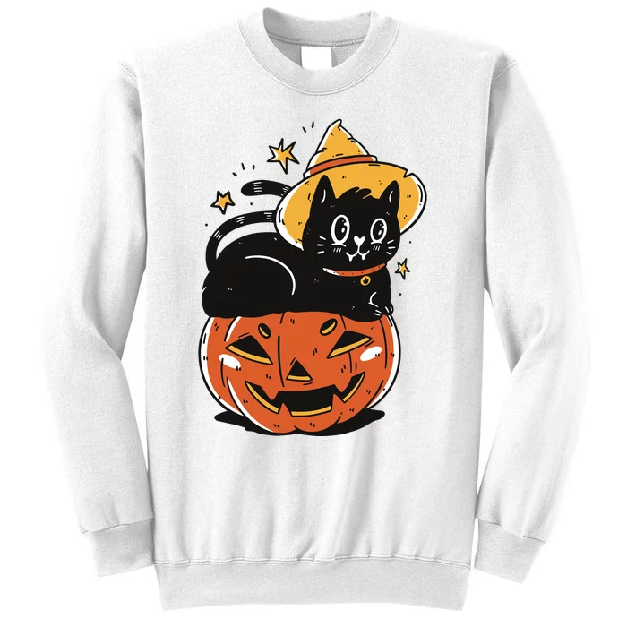 Black Cat Halloween Witch Hat Pumpkin Costume Sweatshirt