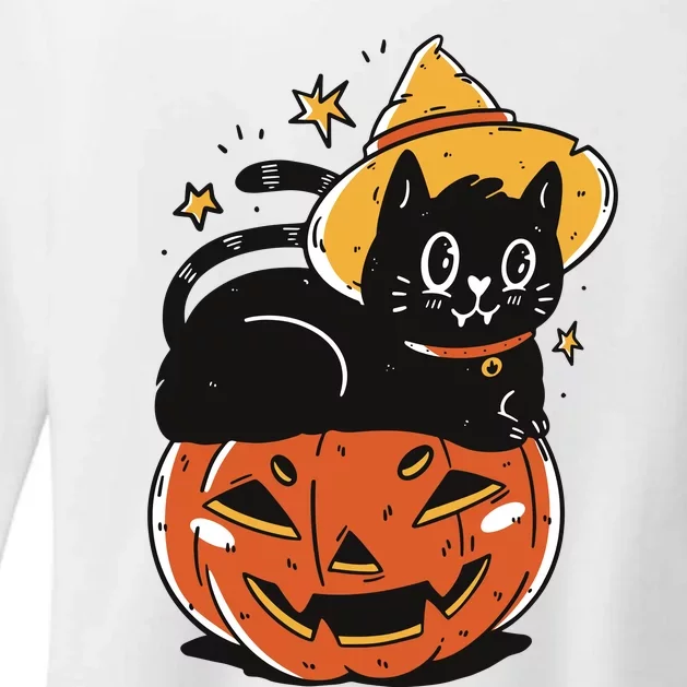 Black Cat Halloween Witch Hat Pumpkin Costume Womens CVC Long Sleeve Shirt