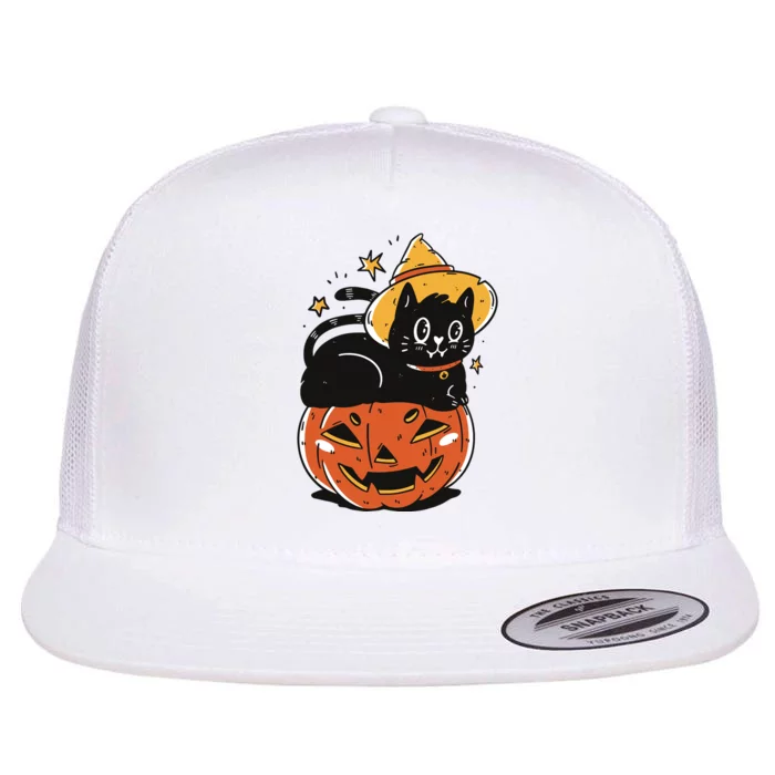 Black Cat Halloween Witch Hat Pumpkin Costume Flat Bill Trucker Hat