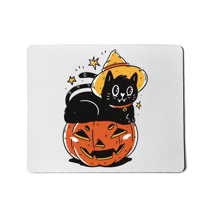 Black Cat Halloween Witch Hat Pumpkin Costume Mousepad