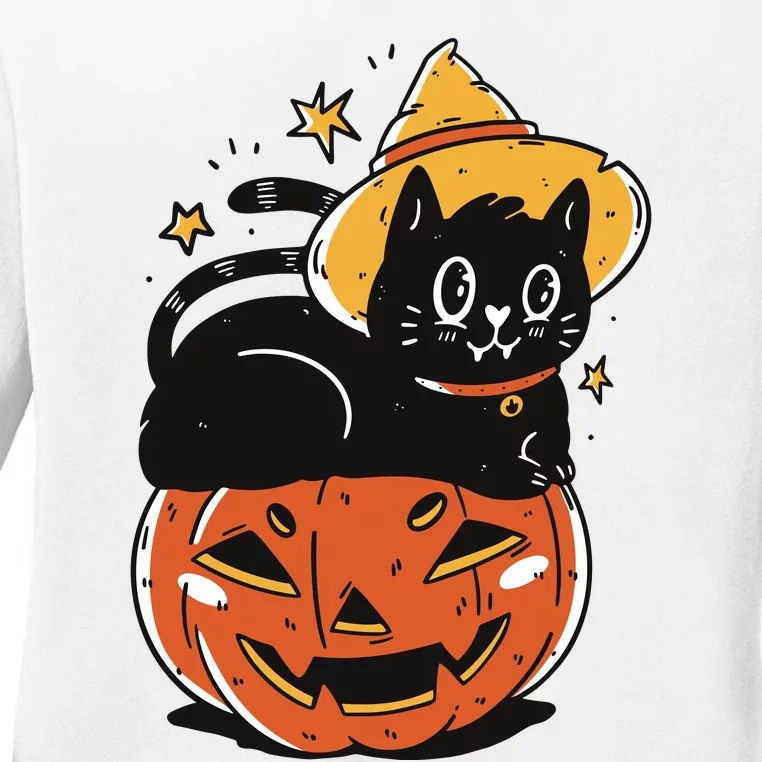 Black Cat Halloween Witch Hat Pumpkin Costume Ladies Long Sleeve Shirt