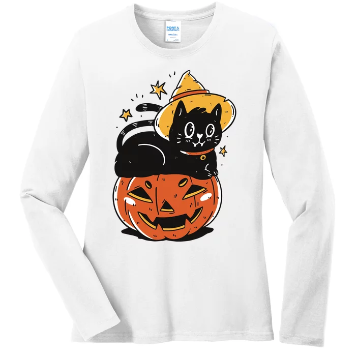 Black Cat Halloween Witch Hat Pumpkin Costume Ladies Long Sleeve Shirt