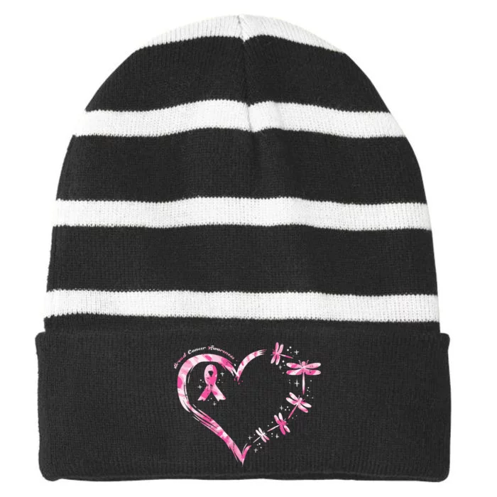 Breast Cancer Heart Dragonflies Awareness Striped Beanie with Solid Band