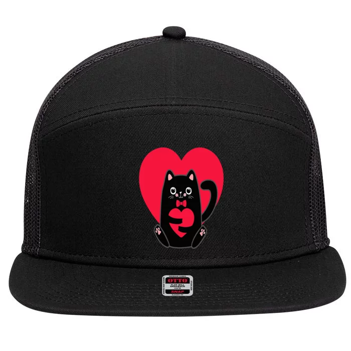 Black Cat Heart Valentines Day Cute Kitten Kitty-Love V Day 7 Panel Mesh Trucker Snapback Hat