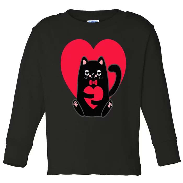 Black Cat Heart Valentines Day Cute Kitten Kitty-Love V Day Toddler Long Sleeve Shirt