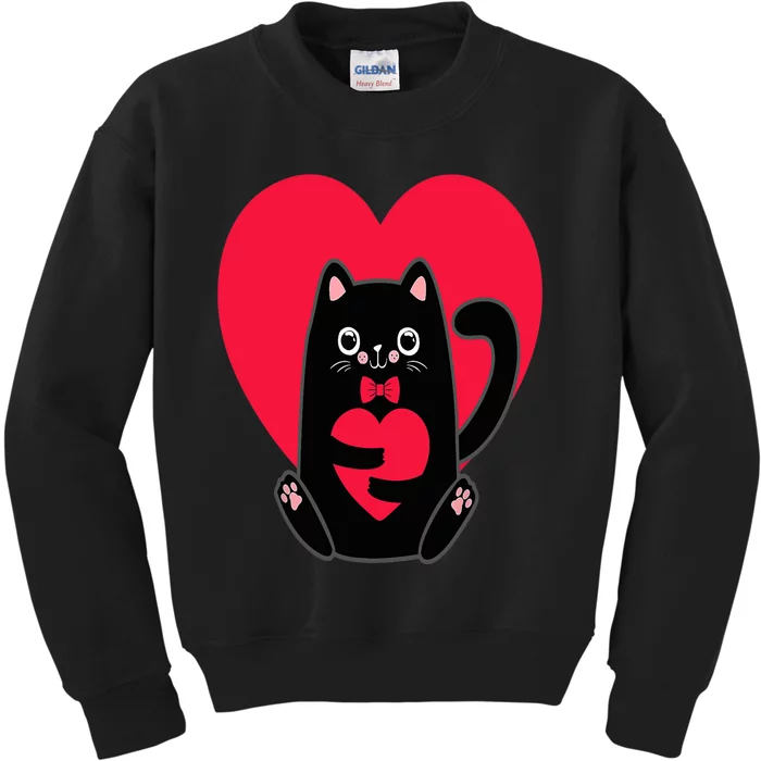 Black Cat Heart Valentines Day Cute Kitten Kitty-Love V Day Kids Sweatshirt