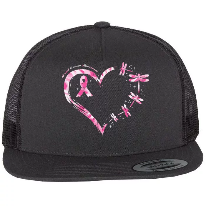 Breast Cancer Heart Dragonflies Awareness Flat Bill Trucker Hat