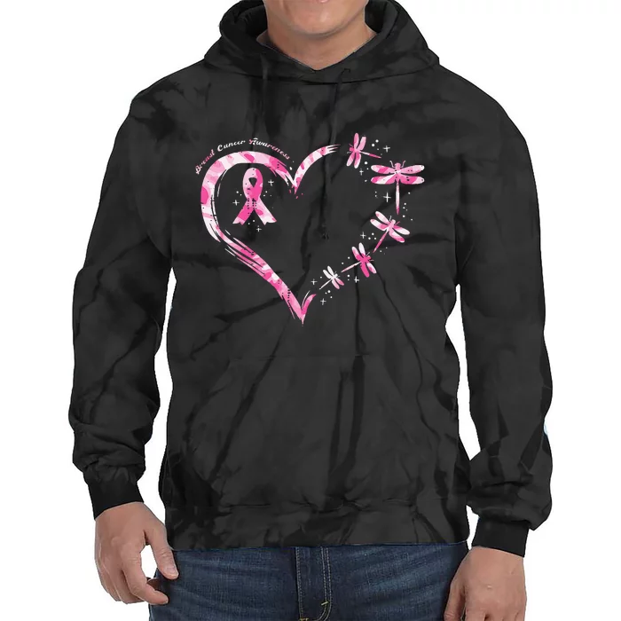 Breast Cancer Heart Dragonflies Awareness Tie Dye Hoodie