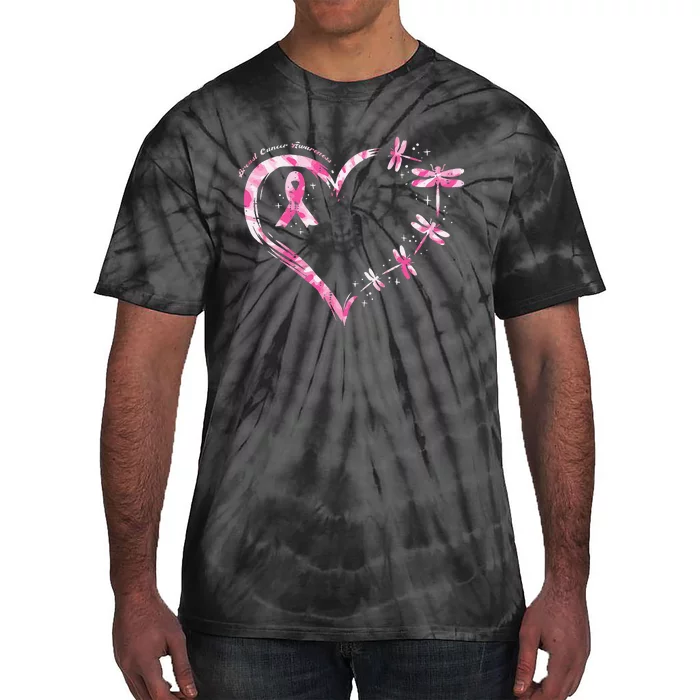 Breast Cancer Heart Dragonflies Awareness Tie-Dye T-Shirt