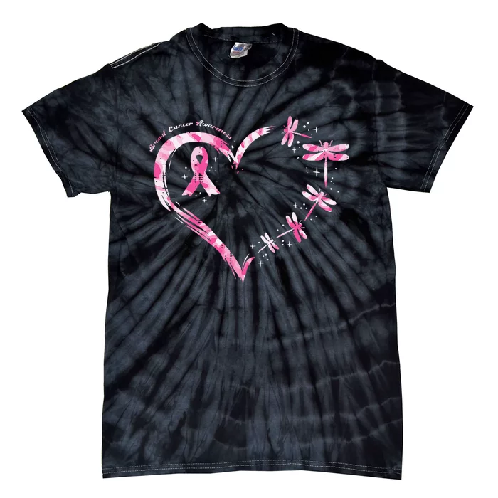 Breast Cancer Heart Dragonflies Awareness Tie-Dye T-Shirt