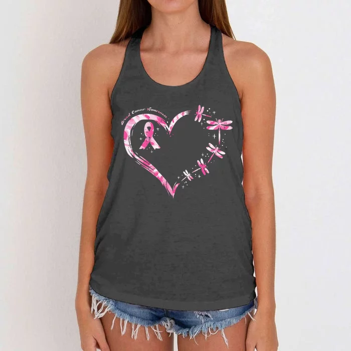 Breast Cancer Heart Dragonflies Awareness Women's Knotted Racerback Tank