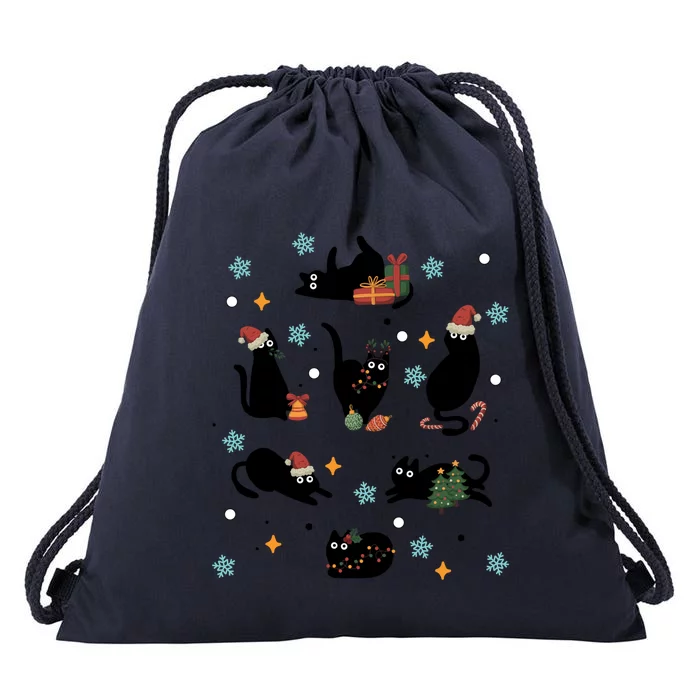 Black Cat In Christmas Santa Elf Hat Holiday Cat Lover Gift Drawstring Bag