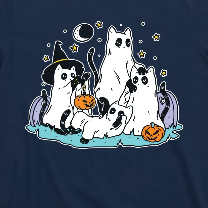 Black Cats In Ghost Costume Cute Women And Halloween T-Shirt