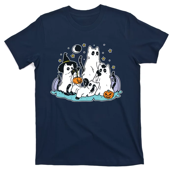 Black Cats In Ghost Costume Cute Women And Halloween T-Shirt