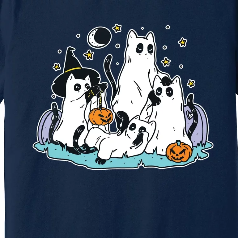 Black Cats In Ghost Costume Cute Women And Halloween Premium T-Shirt