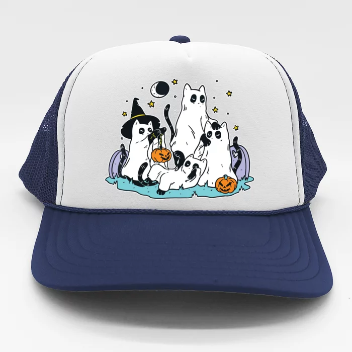 Black Cats In Ghost Costume Cute Women And Halloween Trucker Hat