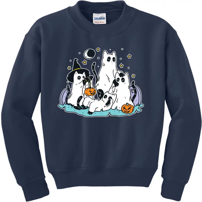 Black Cats In Ghost Costume Cute Women And Halloween Kids Sweatshirt