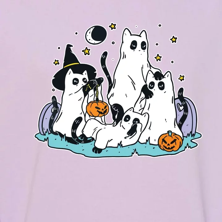 Black Cats In Ghost Costume Cute Women And Halloween Garment-Dyed Sweatshirt