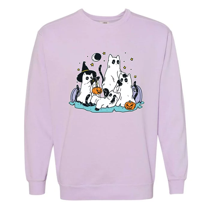 Black Cats In Ghost Costume Cute Women And Halloween Garment-Dyed Sweatshirt