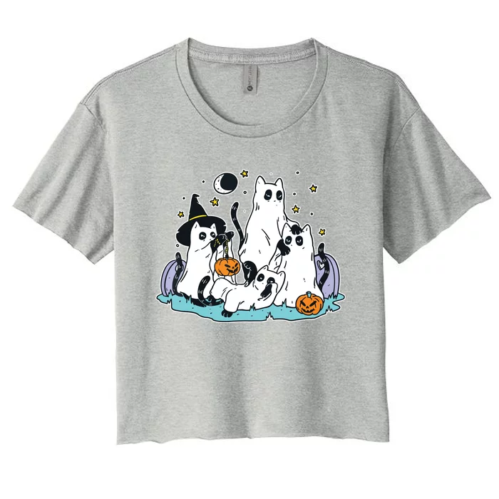 Black Cats In Ghost Costume Cute Women And Halloween Women's Crop Top Tee