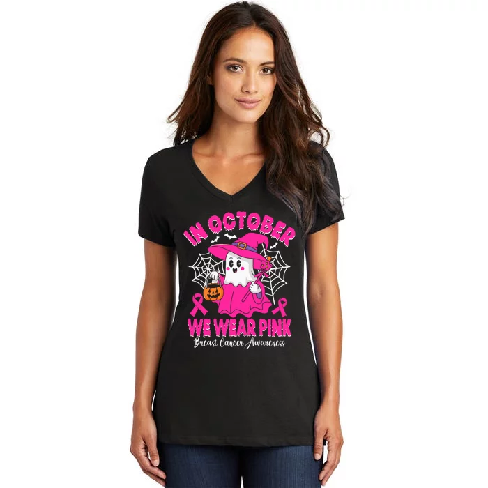 Breast Cancer In October We Wear Halloween Women's V-Neck T-Shirt